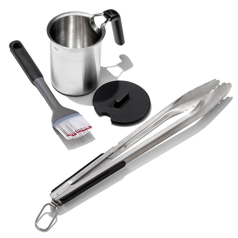 Grilling Basting Pot and Brush Set & Grilling Tongs with Built-In Bottle Opener Bundle F3